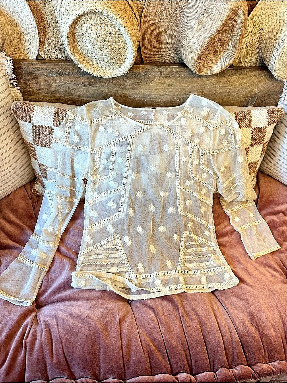 Free People Lace Detail Floral Blouse White & Brown Medium